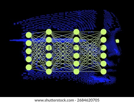 Vector illustration in cyberpunk and tech style. Theme: neural network and AI. Neon green nodes and lines are over pixelated blue human face on black background, combining abstract shapes.