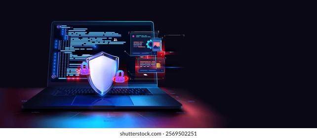 Vector illustration of a cybersecurity concept with a shield, locks, and coding interface displayed on a glowing laptop. Represents data protection, online security, and digital privacy solutions.