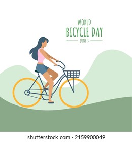 Vector illustration of a cycling girl, flat style design, as a banner or poster, world bicycle day.