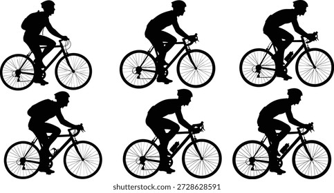 Ilustración vectorial de conjunto de iconos de ciclismo con seis ciclistas de silueta en diversos estilos de bicicleta y posturas
