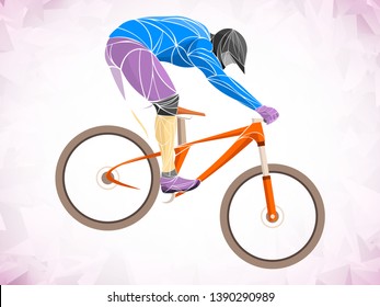 Vector illustration of a cyclist in aerodynamic position riding a mountain bike. Stylized modern artwork showing dynamic motion, muscle tension, and competitive focus.