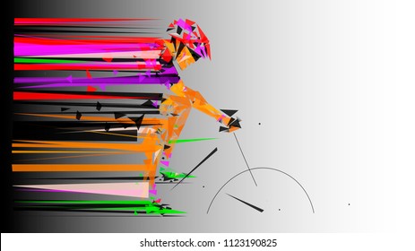 Vector illustration of a cyclist athletic man in sportswear made from colored bright abstract geometric pattern rides on a sporty bike. The concept of willpower to overcome and energy in cycling.