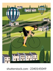 Vector illustration. Cyclist. Cycling. Tour de France, poster, postcard. Design for cover, banner. Healthy lifestyle. Exercise, sport.