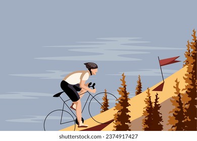 Ilustración vectorial. Ciclistas, ciclismo, caminata, éxito, logros, deporte, estilo de vida saludable. Ilustración para redes sociales, fondo, banner horizontal.