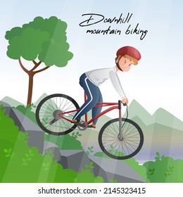 Vector illustration with a cyclist descending from a slope against the background of nature, forest. The concept extreme sports, risk, downhill mountain biking.