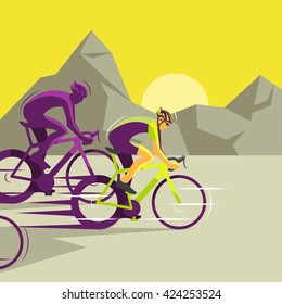 Vector illustration of cyclist on bike, biker and bicycling, sport and exercise. Cycling race.