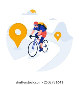 Ilustración vectorial de un ciclista en un mapa, marcado por pines de ubicación, con colinas, nubes y Elementos que sugieren navegación, viajes y aventuras