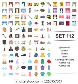 Vector illustration of cyclist, outfit, curtain, crime, countries attractions clothes icon set.
