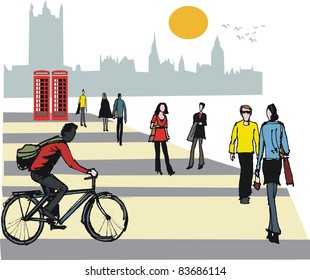 Vector illustration of cyclist and pedestrians, London England