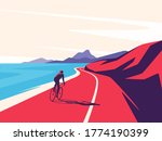 Vector illustration of a cyclist riding along the ocean mountain road.