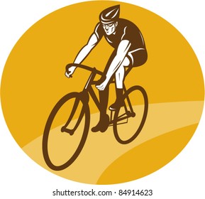 vector illustration of a Cyclist riding racing bike set inside oval viewed from front done in retro woodcut style.