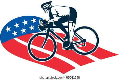 vector illustration of a Cyclist riding racing bike set inside oval viewed from side done in with star and stripes