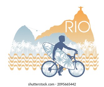 Vector illustration of cyclist silhouette with surfboard in tropical landscape.