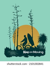 Vector illustration of cyclist silhouette with surfboard.