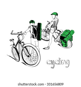 Vector illustration of cyclists with bicycles on white background