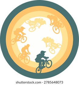 Vector illustration of cyclists in a circular tunnel concept. Silhouette of BMX and extreme trail bike riders performing tricks on a flat gradient retro background.