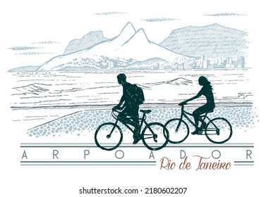 Vector illustration of cyclists in the coastal region of the city of Rio de Janeiro, Brazil. Art in a relaxed style, with free strokes for printing on t-shirts, posters and etc...