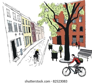 Vector illustration of cyclists in old Stockholm street, Sweden