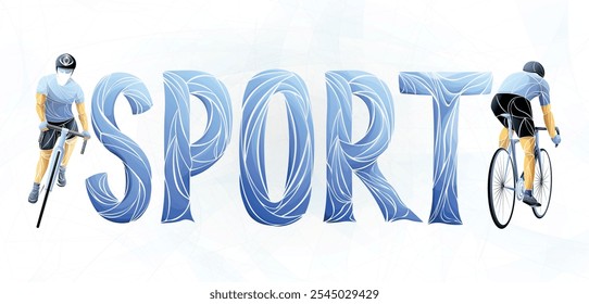 Ilustração vetorial com ciclistas sobre fundo geométrico branco. Texto esportivo em estilo linear colorido