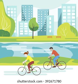 Vector illustration of cyclists in the park. Flat design. Couple riding bicycles in public park. Lifestyle illustration. Cyclists on a walk in the Park and ride along the river with views of the city.