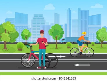 Vector illustration of cyclists in the park. Man cyclist using his phone. Cyclists walking in the city park.