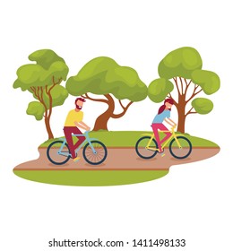Vector illustration of cyclists in the park. Man cyclist Cyclists walk in the park
