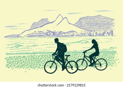 Ilustración vectorial de la silueta de ciclistas con el paisaje de la ciudad costera de Río de Janeiro, Brasil en el fondo. Arte estilizado artesanal.