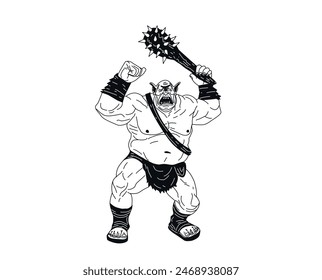 Vector illustration of a Cyclops.  A giant with one eye. Fairytale animal. Mythical creature. Ancient Greek characters. Troll with a mace. Graphic arts. The orc is running.