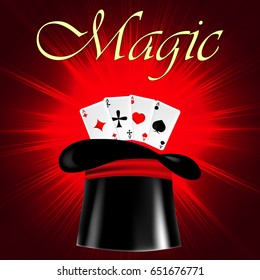 Vector illustration with a cylinder and cards. Hat for magic tricks and magic