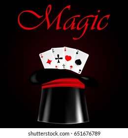 Vector illustration with a cylinder and cards. Hat for magic tricks and magic