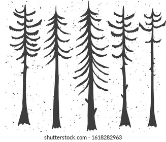 Vector illustration of cypress evergreen set. Simple stencil forest pine trees, winter cedar forest wood nature, snowy weather. Vintage hand drawn style.