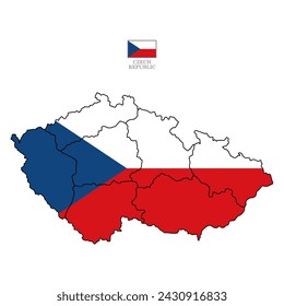 Vector illustration of Czech Republic map overlaid with the national flag, highlighting the country's geographic outline combined with its national colors.