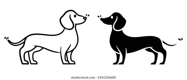 Vector illustration of a Dachshund dog, featuring line art and silhouette styles. Isolated and easy to use, perfect for your design projects.