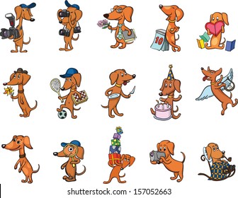 Vector illustration of dachshund dogs characters set. Easy-edit layered vector EPS10 file scalable to any size without quality loss. High resolution raster JPG file is included.