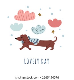 Vector illustration of dachshund puppy walk with clouds, stars, lettering in cartoon hand drawn style isolated on white. Kids postcard design of best friends. Dog walk