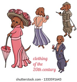 Vector illustration with dachshunds in costumes of the early 20th century