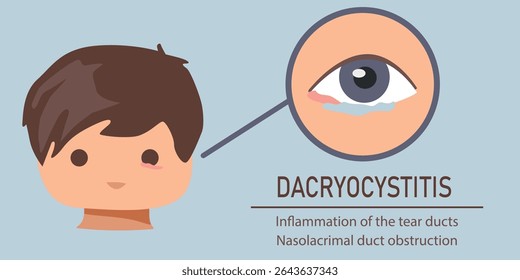 Ilustración vectorial de dacriocistitis que muestra un niño con conducto lagrimal inflamado, ojo hinchado y sistema nasolagrimal bloqueado