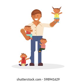 Vector Illustration with dad or babysitter and children. Baby son and daughter.