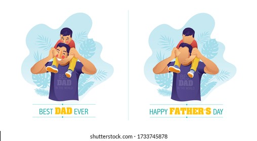 Vector illustration of a dad carrying his son on his shoulders for Father's Day celebration.