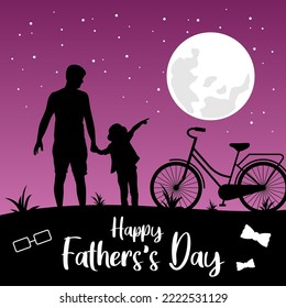 Vector illustration of Dad and Daughter in the night sky under the moon and stars for Fathers Day gift card, poster, or other