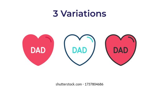 Vector illustration of dad heart love icon or logo with 3 variations design style