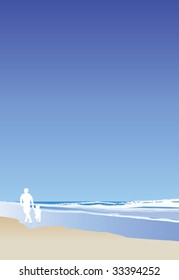A vector illustration of a dad and his child walking on the beach, portrait
