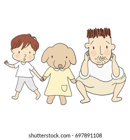 Vector illustration of dad and kid with dog. Family concept - happy father's day card, daddy and son &  daughter. Cartoon drawing style, isolated on white background.