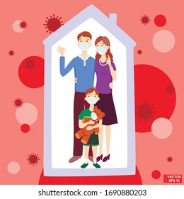Vector illustration. Dad mom and son wearing a surgical mask. The family stays at home. Quarantine. Family wearing protective Medical mask for prevent virus Wuhan Covid-19.