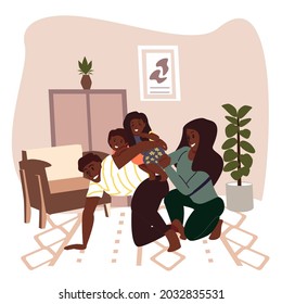 Vector illustration of dad mom and todlers. Parents and children playing home. Happy family.