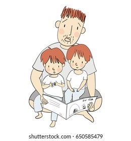 Vector illustration of dad reading children book with his little kids. Family concept - Happy father's day card, postcard, early childhood development. Cartoon character drawing style.