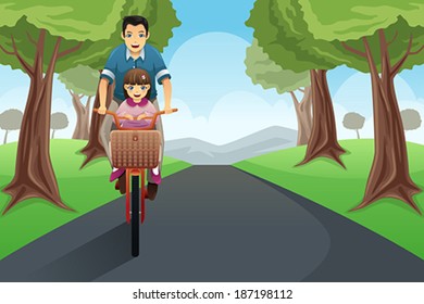 A vector illustration of dad riding a bike with daughter