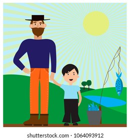Vector illustration with dad and son after a fishing trip