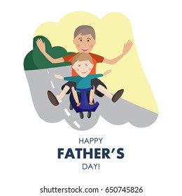 Vector illustration of Dad and son relationships. Family with bikes. Happy childhood concept. Cartoon people. Father and son are cycling. Healthy lifestyle and sport idea. Template for father's day