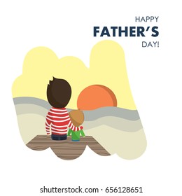 Vector illustration of Dad and son relationships. Family on the beach. Happy childhood concept.  Cartoon people. Father holds his son. Enjoy the sunset. Creative idea. Template for father's day
